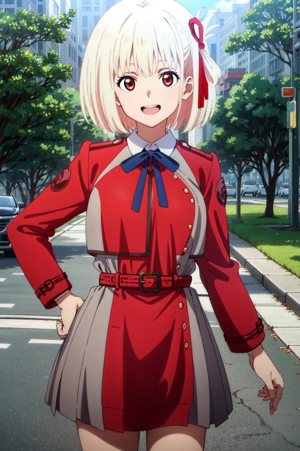 (masterpiece, best quality:1.4),1girl,giggling,solo,looking at viewer,(bent_over:1.2),(park:1.2),chso,lycoris uniform,red belt,shirt,white shirt,collared shirt,ribbon,hair ribbon,red ribbon,neck ribbon,blue ribbon,school uniform,belt,thighs,two-tone dress,pleated dress,red dress,grey dress,<lora:chisato-v6-000008:1>,