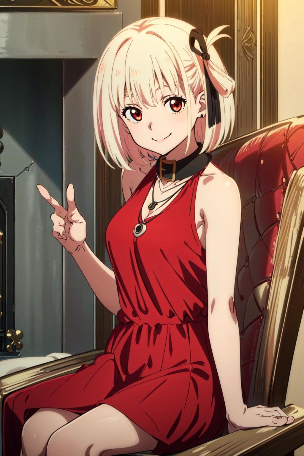 (masterpiece, best quality:1.4),<lora:chisato-v6-000008:0.9>,(1girl:1.3),(solo:1.3),(seductive_smile:1.2),sitting,looking at viewer,chdo,red dress,sleeveless dress,sleeveless,bare shoulders,official alternate costume,black collar,jewelry,necklace,pendant,ribbon,hair ribbon,black ribbon,indoors,castle,fireplace,chair,valentine,