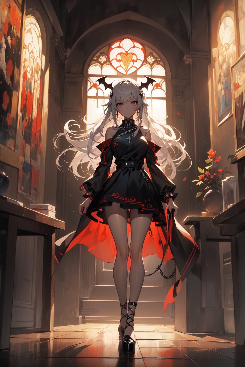 masterpiece,1girl,solo,white hair,crucifixion,long hair,very long hair,tentacles+greek cross,bound legs,from_front,skadi the corrupting heart \(arknights\),((fresco)),(masterpiece)),((best quality)),((ultra-detailed)),(illustration),((impasto paintings)),highres,(beautiful detailed),saint,(beautiful detailed faces),cinematic lighting,classicism,+圣经原文,((long-focus)),Depth of field,(Dark prison:1.2),cold,detailed eyes,(Hematic red eyes),(tareme),(crazy),expressionless,(Monster Energy:1.2),(metal jewelry),cross-laced footwear,cuffs,(chain),(Demon Array),(666:1.2),Dry ice fog,(stained glass),God Light,cage,Girl in churchIt,is a 50-meter-high cathedral in the busiest area of the city of Harbin. A big tourist attraction,((Dark light source)),((The Crucifixion of the Girl)),Behind the girl is the huge cross,Struggle,pain,<lora:落樱琉璃:0.8>,