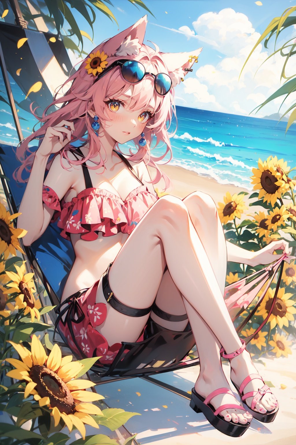 1girl, pink hair, fruit, food, eyewear on head, flower, sunglasses, watermelon, solo, sunflower, sandals, shorts, (hammock:1.3), looking at viewer, animal ears, water, yellow eyes, ball, sitting, official alternate costume, swimsuit, (pink tail:1.1), bikini, full body, cat ears, jewelry, thigh strap, beachball, masterpiece, best quality,<lora:落樱琉璃:0.8>,