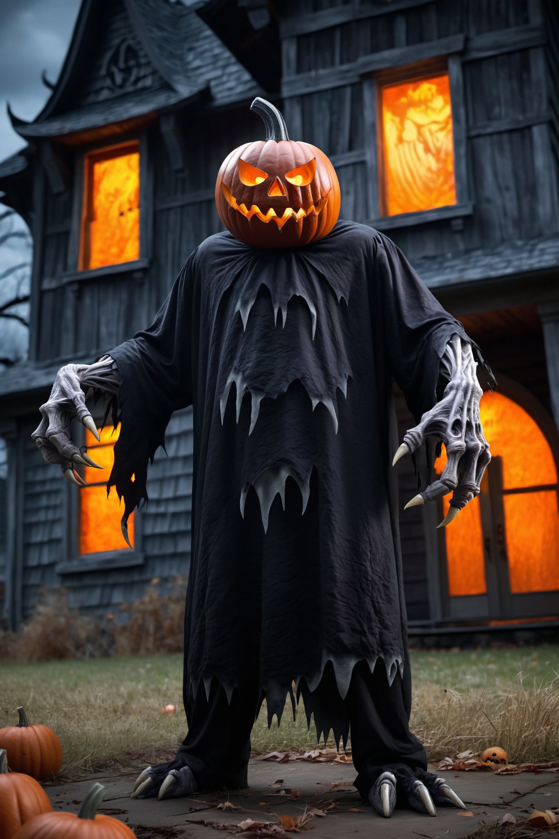 a menacing monster in a Halloween costume, lurking outside a haunting house, clutching a pumpkin in its gnarled claws. The monster's custom is a nightmarish creation, with tattered fabric, sharp fangs, and glowing eyes that pierce through the darkness. The haunting house looms behind, its weathered facade and broken windows adding to the eerie atmosphere. The pumpkin held by the monster is intricately carved with a wicked grin, its candlelight casting eerie shadows on the surroundings 
