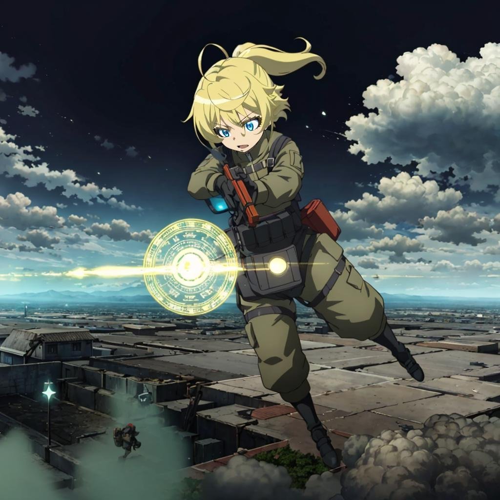 <lora:TanyavonDegurechaff001:0.7>,solo,TanyavonDegurechaff,1littlegirl,ponytail,air_combat_mage,iron cross,front waist bag,porch,rifle,aiming,shine,flying,sky,glowing,magic circle in the sky,