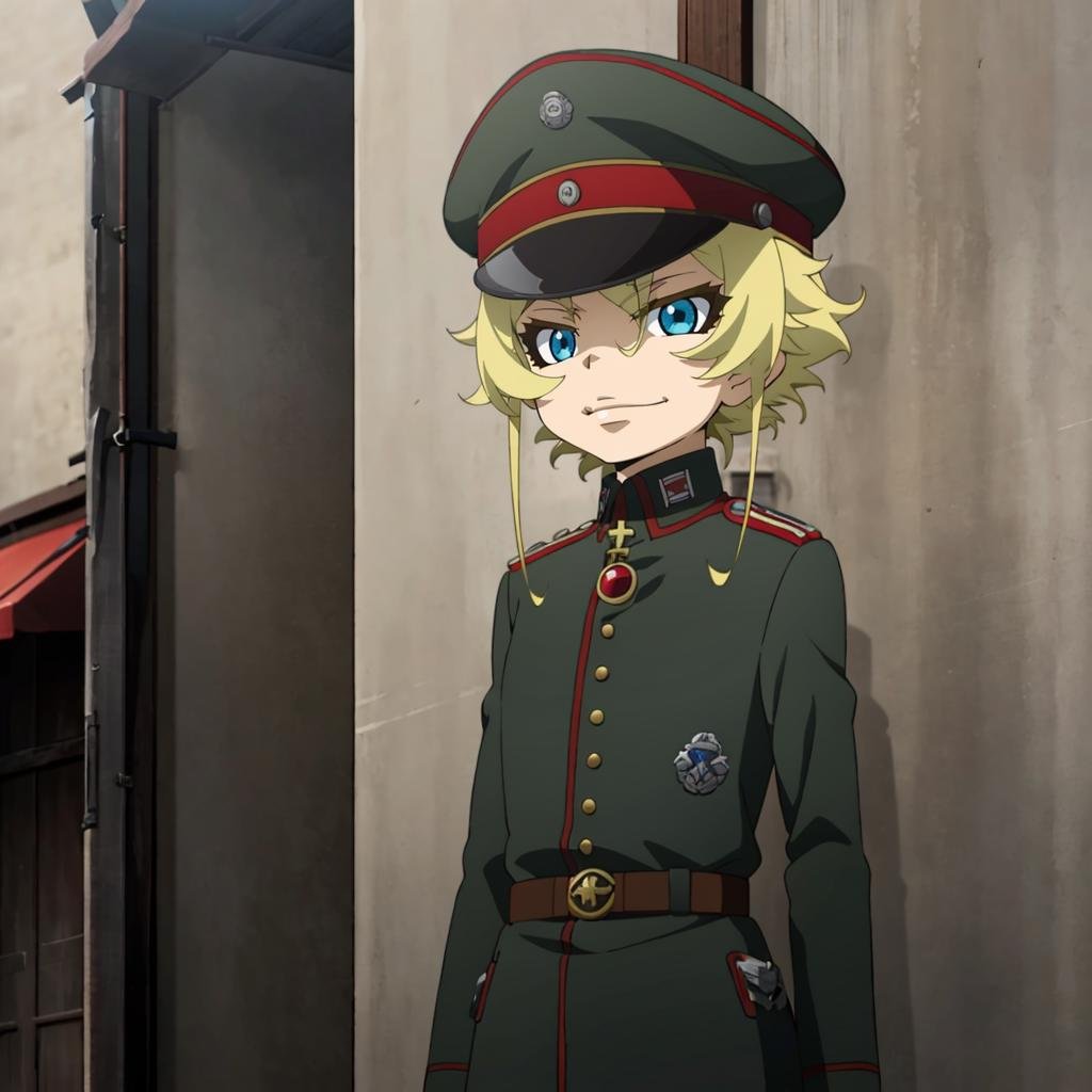 <lora:TanyavonDegurechaff001:0.7>,solo,TanyavonDegurechaff,1littlegirl,military hat,military uniform,smirk,