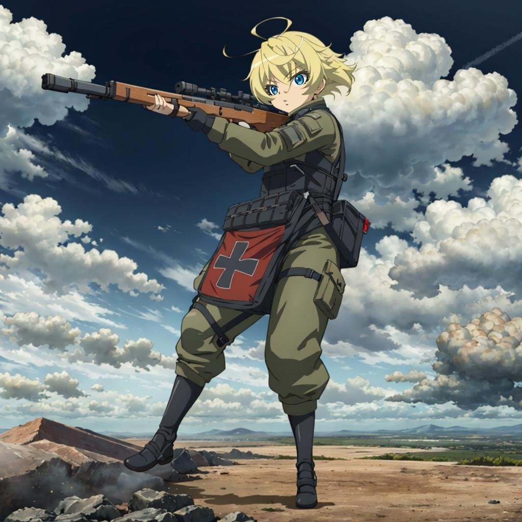 <lora:TanyavonDegurechaff001:0.7>,solo,TanyavonDegurechaff,1littlegirl,air_combat_mage,iron cross,front waist bag,porch,rifle,aiming,full body,sky,cloud,previous,