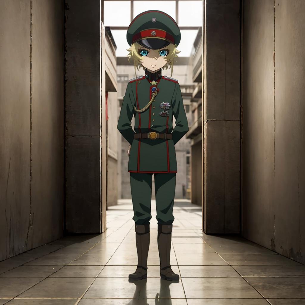 <lora:TanyavonDegurechaff001:0.7>,solo,TanyavonDegurechaff,1littlegirl,military hat,military uniform,belt,pants,boots,standing,