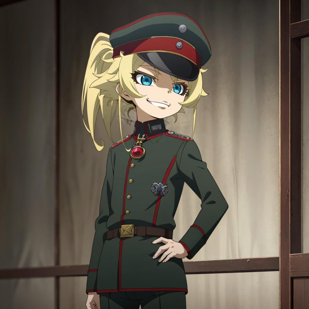 <lora:TanyavonDegurechaff001:0.7>,solo,TanyavonDegurechaff,1littlegirl,ponytail,military hat,military uniform,red pendant,belt,pants,evil smile,