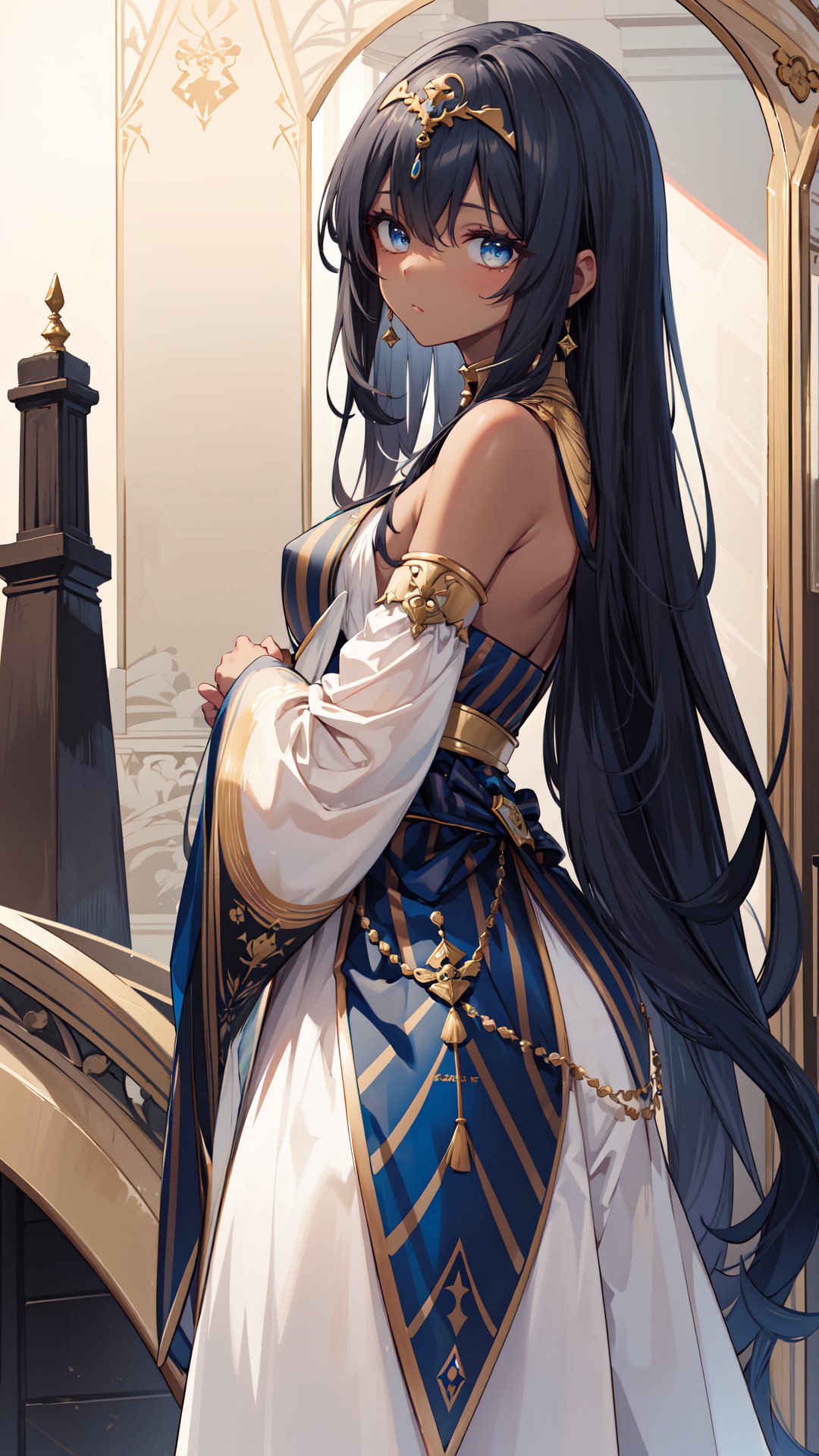 (masterpiece,  best quality),  (((good eyes,  detailed eyes,  detailed background))),  absurdres,  highres,  ultra detailed,  1girl,  solo,  ancient egyptian clothes,  (dark-skinned female),  (dark skin:1.3),  (expressionless:1.2),  long hair,  very long hair,  wavy hair,  curly hair,  long dress,  (black dess:1.4),  black hair,  temple,  gold,  golden,  (blue fabric,  striped fabric:1.5), <lora:EMS-75886-EMS:1.000000>