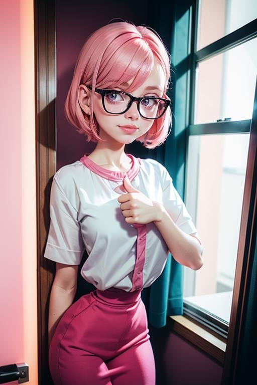 1girl, cute, , 30 years old woman, art by daniela uhlig, wistfullly looking out a window, standing in her room, pink skirtm, white blouse, glasses, GS-Womanly, slouching, pink hair <lyco:microwaistV05:1.5>, (looking at viewer:1.4) smile, thumbs up