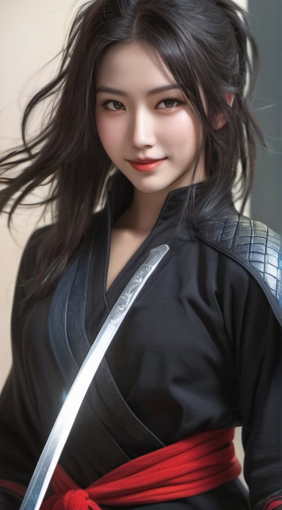 (Photorealistic,  Master piece,  Best quality,  Raw photo),  1 female ninja, (full_body:1.3),  beautiful girl, Wearing a ninja suit,  Ninja sword gloves,  Smiling with visible perfect teeth,  Detailed beautiful eyes and face,  Realistic Detailed skin texture,  natural sunlight,  (long_hair:1.5), silver_hair