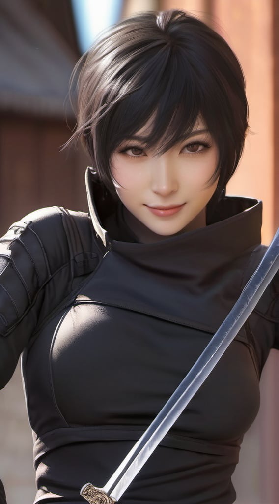 (Photorealistic,  Master piece,  Best quality,  Raw photo),  1 female ninja,  Wearing a ninja suit,  Ninja sword gloves,  Full body Esbian,  Smiling with visible perfect teeth,  Detailed beautiful eyes and face,  Realistic Detailed skin texture,  natural sunlight,  short hair