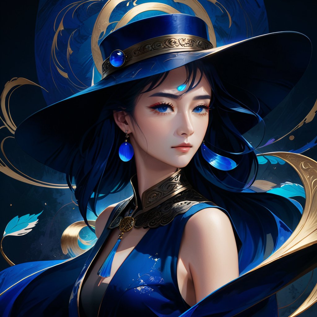 (abstract art:1.4), masterpiece, best quality, ultra high res, beautiful, visually stunning, (1girl:1.3), (dark blue theme:1.2), deep blue, cowboy shot,girl,wuxia,Chinese style,(Small chest:0.75),niji, sunlight, monkren, light master
