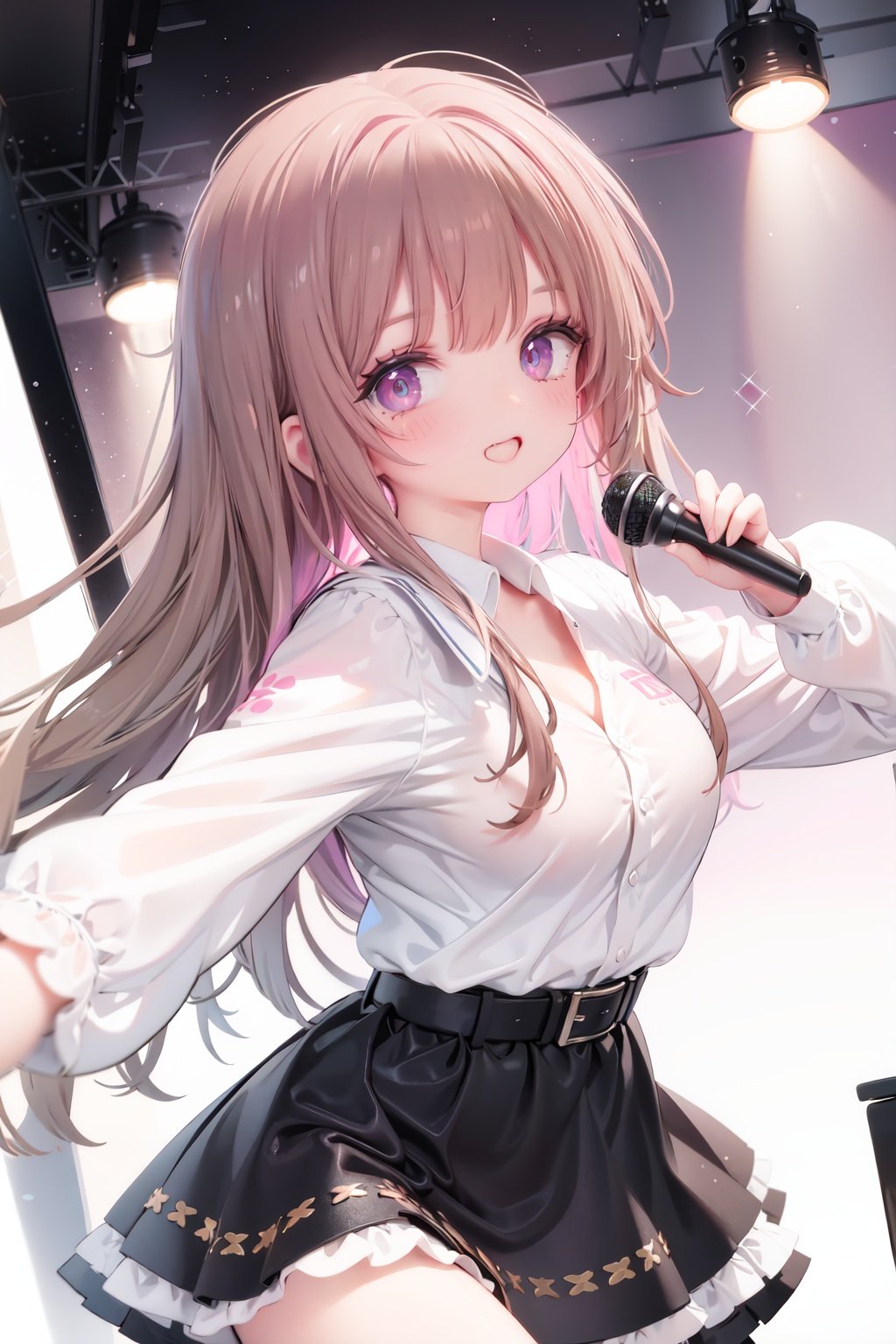  1girl, solo, microphone, smile, skirt, blush, brown eyes, long hair, open mouth, looking at viewer, brown hair, long sleeves, :d, shirt, bangs, belt, breasts, pink shirt, outstretched arm, music, black belt, medium breasts, holding microphone, singing