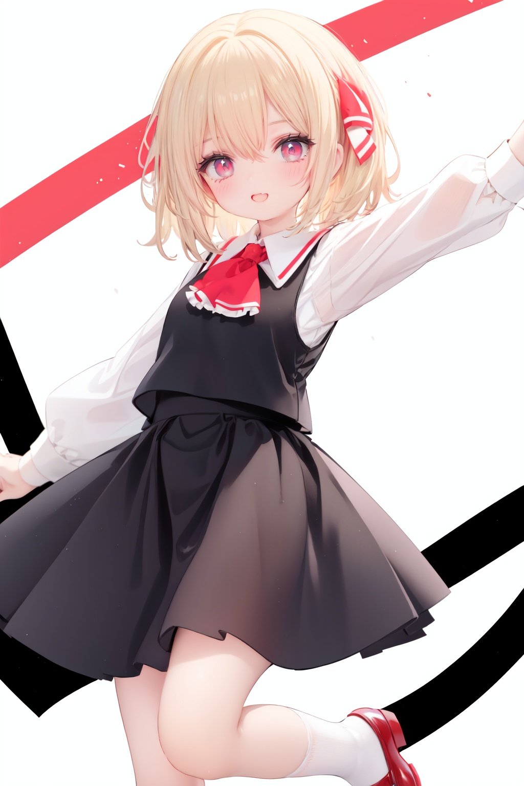  1girl, rumia, blonde hair, solo, white background, red eyes, red footwear, simple background, ascot, short hair, ribbon, open mouth, hair ribbon, smile, long sleeves, shirt, looking at viewer, red ascot, white socks, white shirt, red ribbon, shoes, socks, frills, bangs, outstretched arms, hair between eyes, skirt, :d, dress, vest, mary janes, black dress, black skirt, collared shirt, black vest, blush