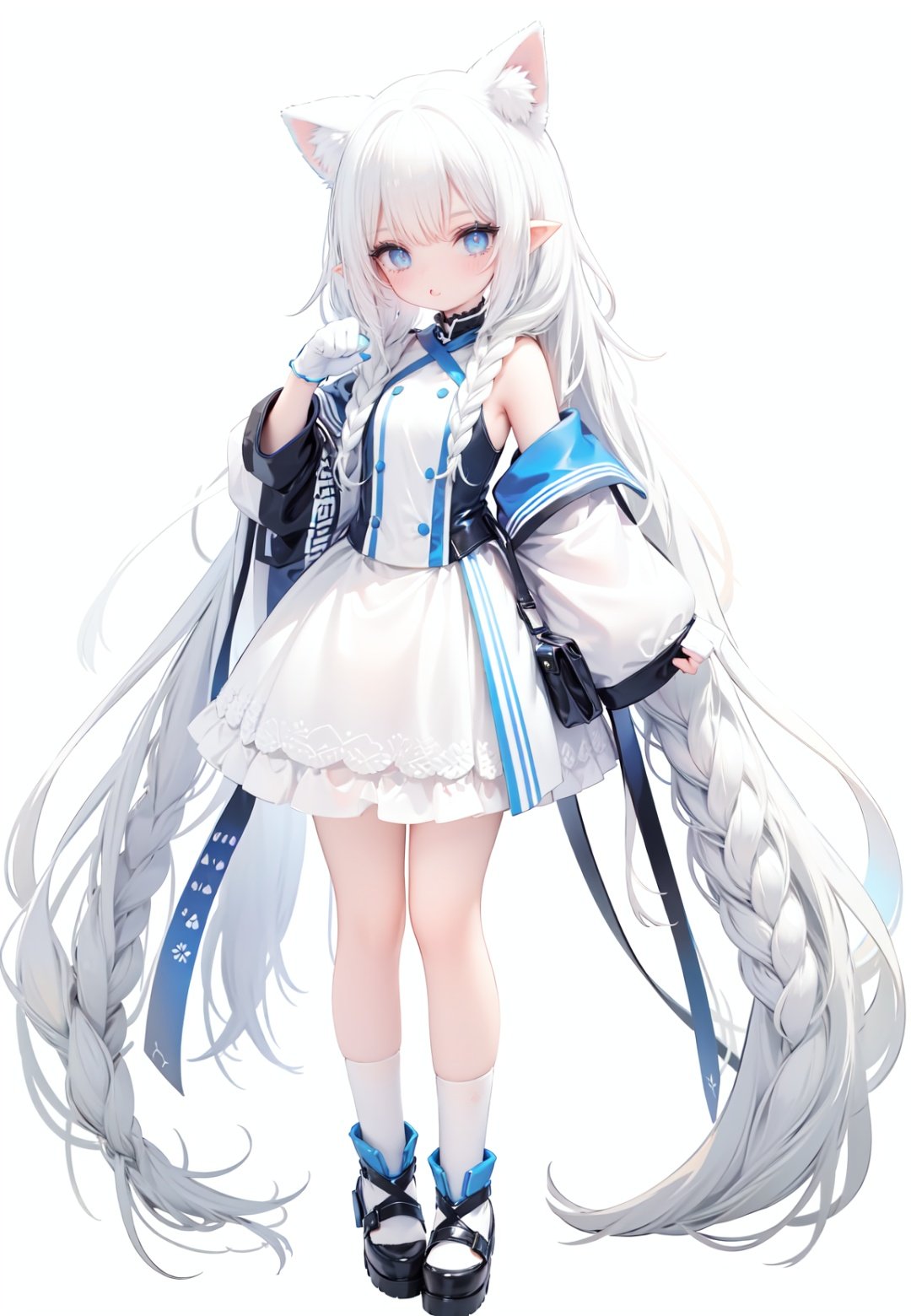  1girl, white_gloves, braid, full_body, gloves, long_hair, official_alternate_costume, pointy_ears, simple_background, solo, standing, very_long_hair, white_background, white hair, blue eyes, paw claw pose, open_mouth