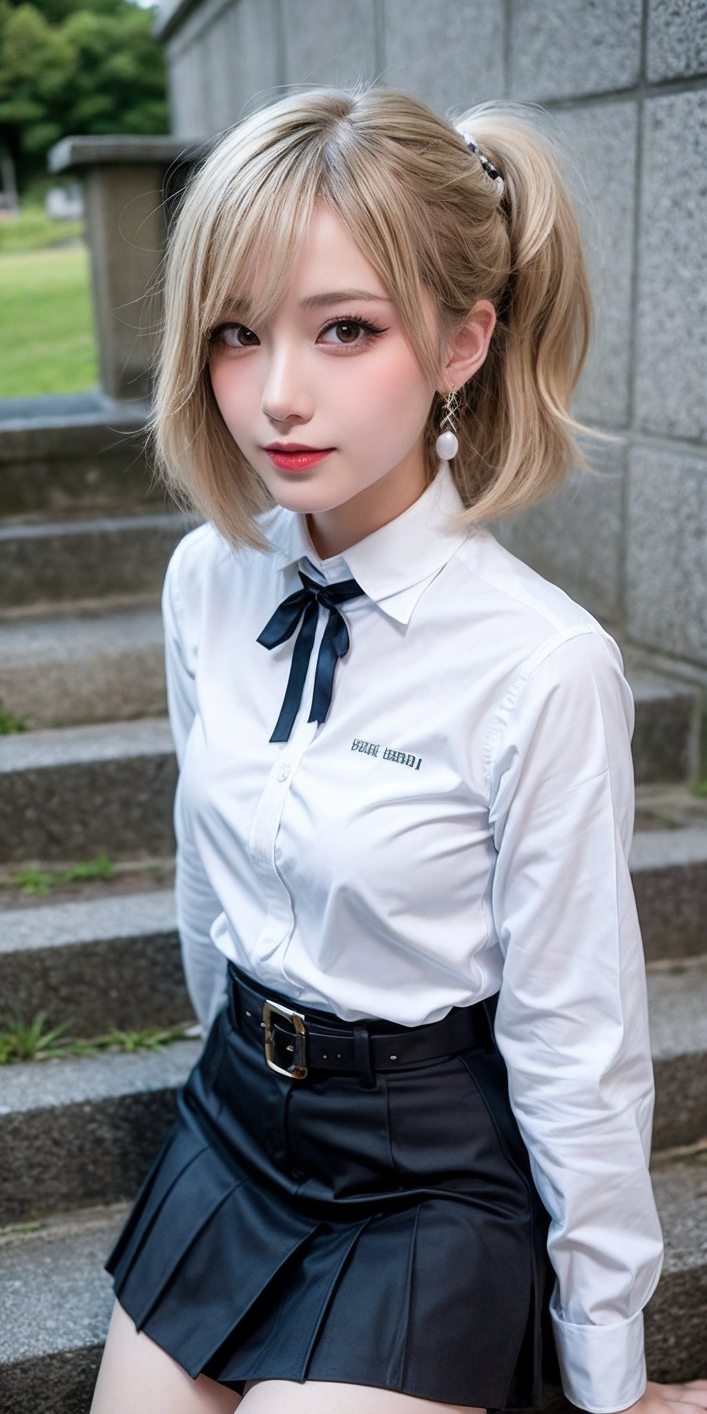 Gray eyes, South Korea school uniform, summer school uniform shirt, ribbon tie, skirt, bright blonde hair, school stairs, lower school stairs, chest thrust pose, chest bragging pose, 8k original photo, high resolution, 16-year-old Korean cool, very large round breasts, beautiful eye details, long eyelashes, beautiful double eyelids, eye shadow, eyeliner, slender eyes, slender eyes, slender eyes, slender eye shape, three white eyes, evil smile, evil expression, beautiful very thin legs, beautiful very thin thighs, random medium hair, hair tied behind the head, earrings