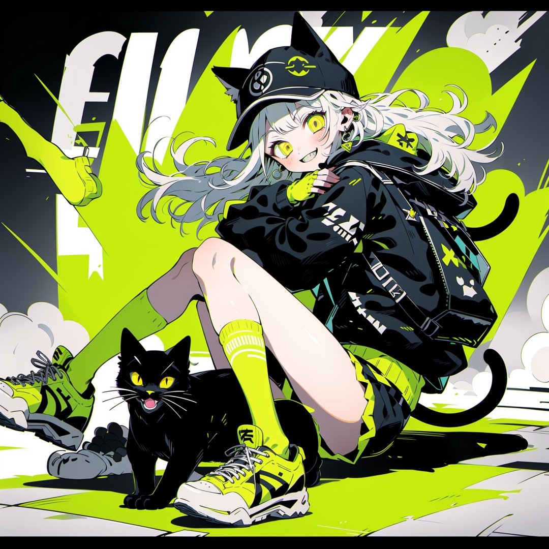 Larme Kei, 1girl, yellow eyes, shoes, jewelry, earrings, white hair, cat, long hair, socks, bag, backpack, jacket, hat, sneakers, white footwear, looking at viewer, sitting, animal ears, cat ears, solo, bangs, smile, black jacket, shorts, green socks, animal, yellow socks, black cat