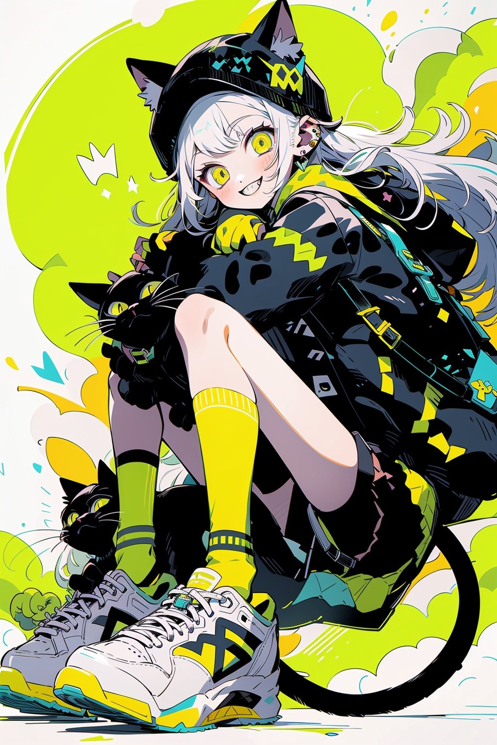 Larme Kei, 1girl, yellow eyes, shoes, jewelry, earrings, white hair, cat, long hair, socks, bag, backpack, jacket, hat, sneakers, white footwear, looking at viewer, sitting, animal ears, cat ears, solo, bangs, smile, black jacket, shorts, green socks, animal, yellow socks, black cat