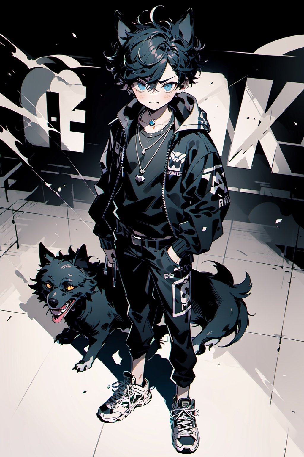 Larme Kei, 1boy, black hair, male focus, jacket, blue eyes, animal ears,  black jacket, dog, shirt, looking at viewer, pants, wolf, long sleeves, dog ears, standing, short hair, solo, necklace