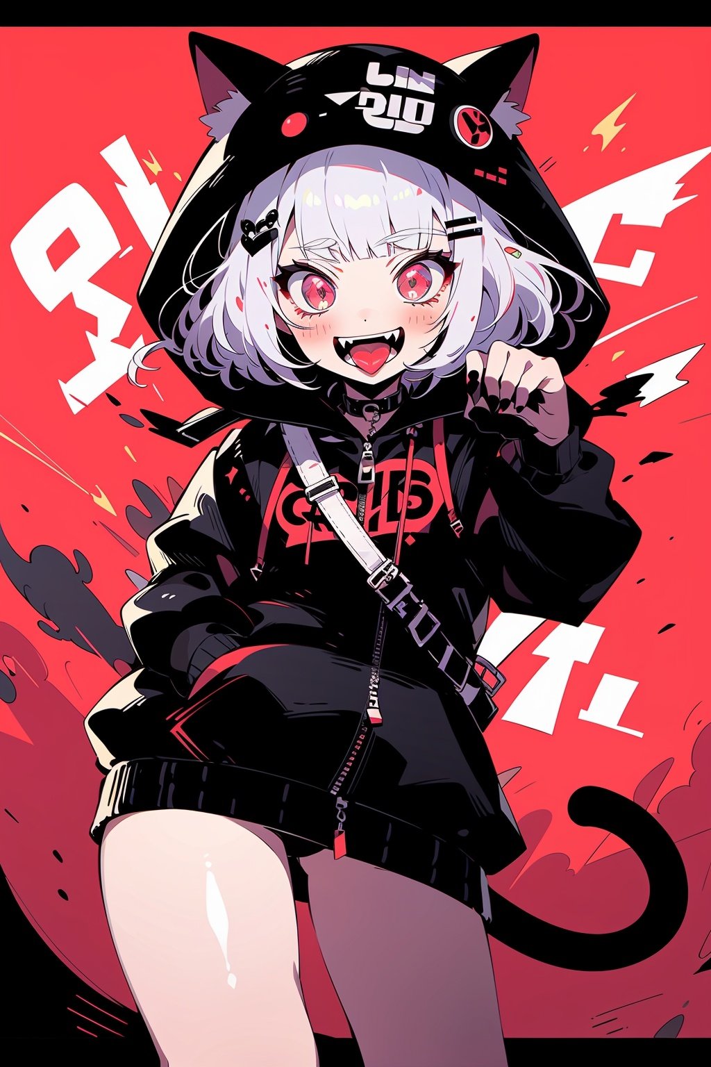 Larme Kei, 1girl, cat, tongue, hair ornament, red background, teeth, bangs, open mouth, letterboxed, tongue out, hood, sharp teeth, white hair, fangs, looking at viewer, hairclip, jacket, solo, red eyes, pink eyes, black cat, black jacket, hat, smile, blunt bangs, animal, medium hair, black nails