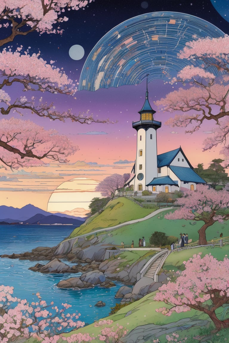 detailed, colorful art designed by CFA Voysey, Technical illustration, landscape of a Impressive Saint Martin and Radio galaxy, at Dusk, rich color, cherry blossom pink flakes, extremely beautiful