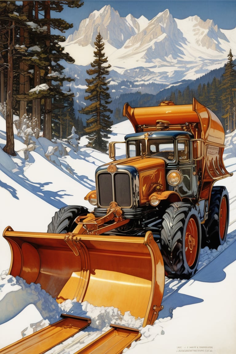 detailed, art by J.C. Leyendecker, art nouveau art, landscape of a Masterpiece Austria and Evil Snow plow, Summer