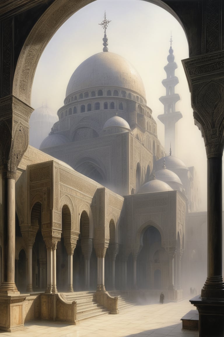 detailed, art by H. R. (Hans Ruedi) Giger, landscape of a Foggy Mosque-Cathedral of Córdoba from inside of a Hospital, Hazy conditions, Realistic, Teslapunk