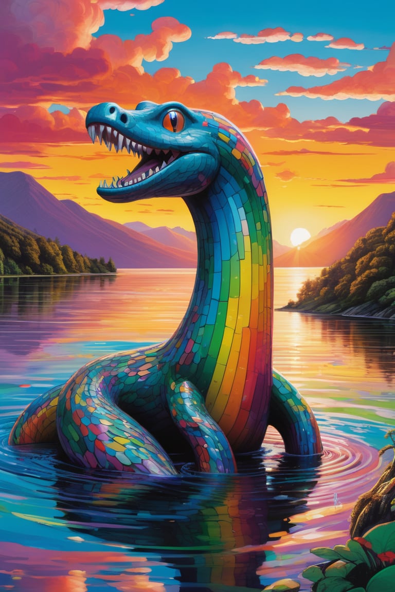 detailed, Mythical Loch Ness Monster, at Sunset, Zen, cinematic lighting, 35mm, most beautiful artwork in the world, graffiti art designed by Okuda San Miguel, Trevor Brown