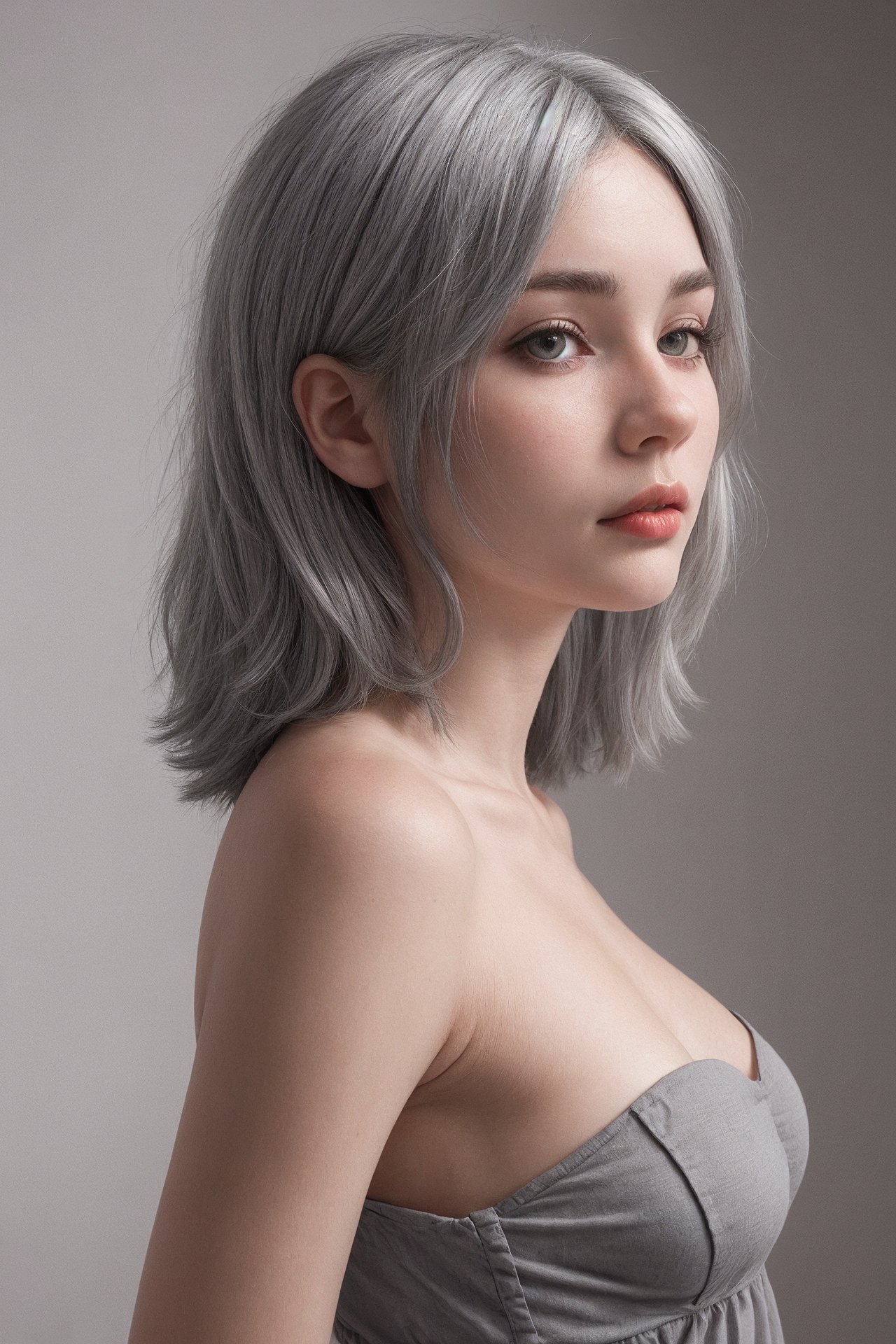 a small breasts and short hair girl, (grey_hair:1.4), (straight hair:1.2), long hair, dress, portrait, face_focus, slender face, pureerosface_v1:0.5