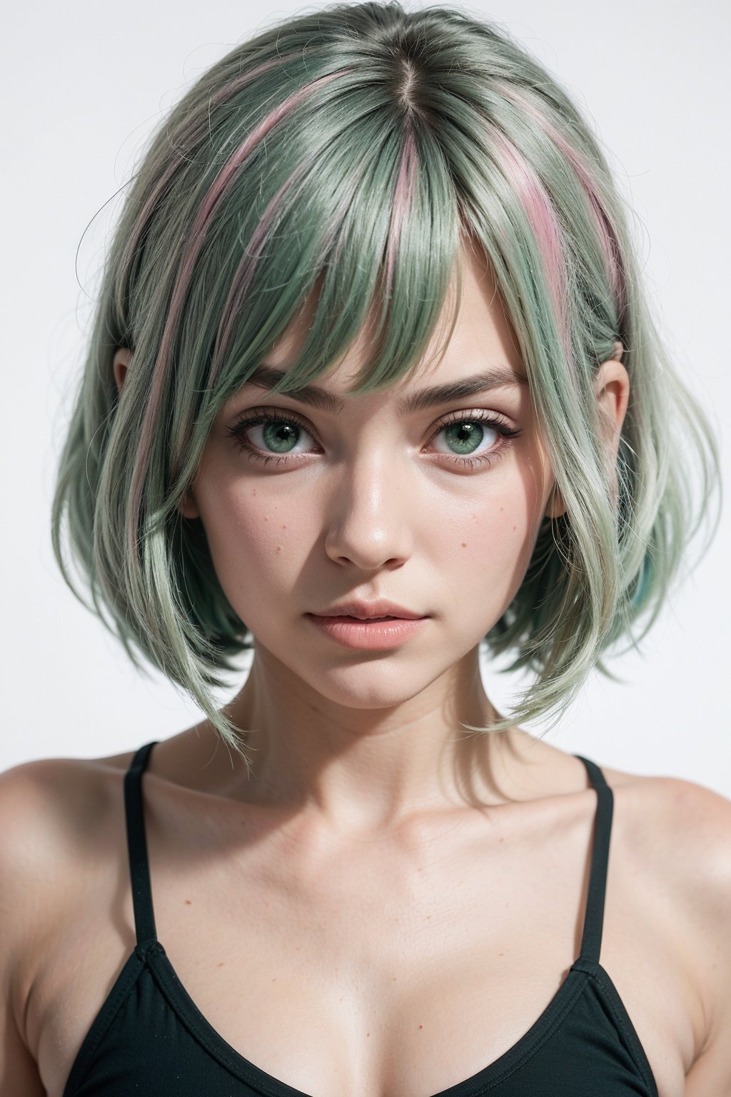 1girl, face, chut girl, white background, pink and light green hair, short and straight hair, green camisoles,