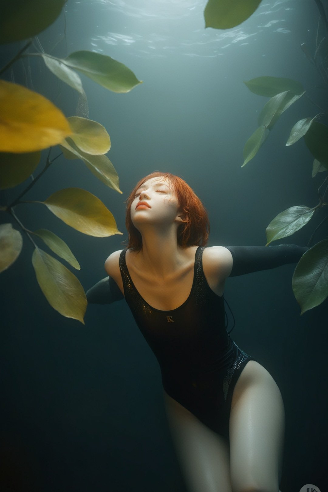  raw photo,yellow spotlight,hyperrealistic,extremely high-resolution details,realism pushed to extreme,fine texture,4k,ultra-detailed,high quality,1girl,from above,parted llips,red hair,closed eyes,partially submerged,underwater,(black sex bodysuit),dynamic pose,(wet surface:0.6),at night,Depth of field,surrounded by leaves,leaves in foreground,jungle,dark theme,frost fog,high contrast,complex background,light and shadow play,, realistic, Fairy