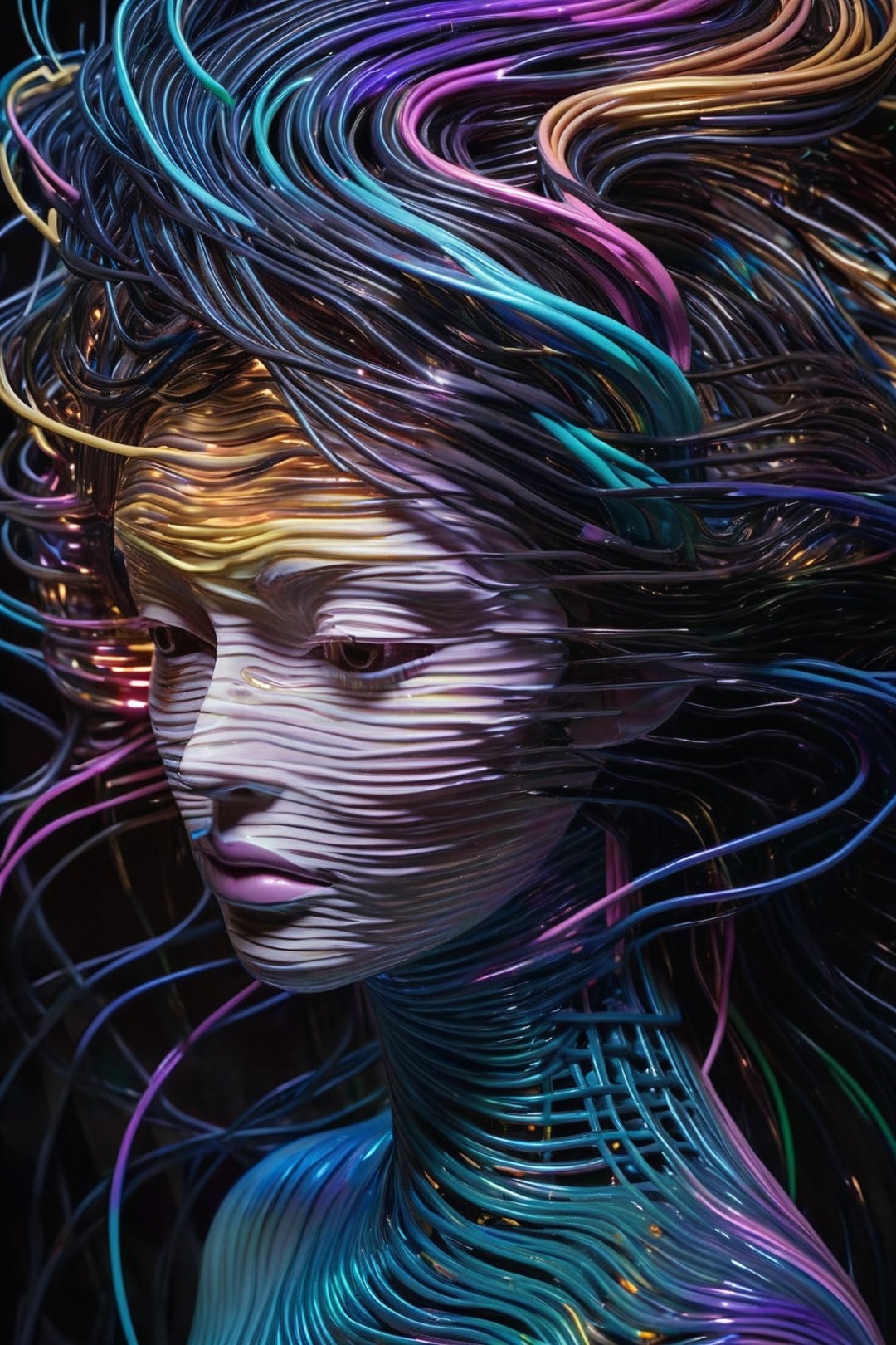 Abstract style mysterious figure emerges from the shadows in a tangled mess of iridescent wires and glowing mesh, face hidden behind layers of glitched wavy distortions, non-representational, colors and shapes, expression of feelings, imaginative, highly detailed
, Fairy