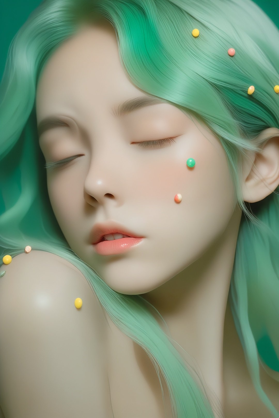 (realistic:1.1), oil color, ghibli , (childen boy ), , lip,  magicpunk, sprinkles,  deep green gradient background,  Teal hair, Long hair,  Enigmatic , actor , Jessica Rossier, ,  (masterpiece, best quality, niji style)
, realistic, Fairy