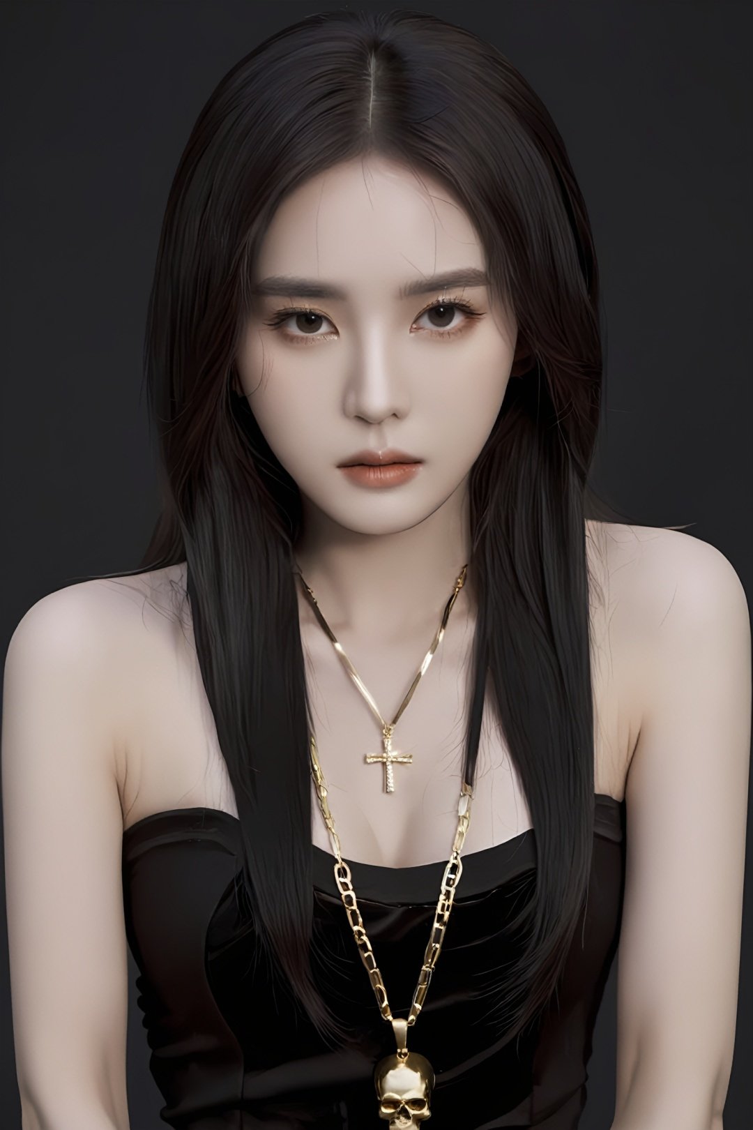  a woman with long black hair and a gold skull necklace, by Yang J, tumblr, she has beautiful bone structure, yanjun chengt, dark cinematic color tones, with white long hair, black jewelry, with grey skin, black rose, jaeyeon nam, wearing black clothes, Fairy,portrait,lighting,deity