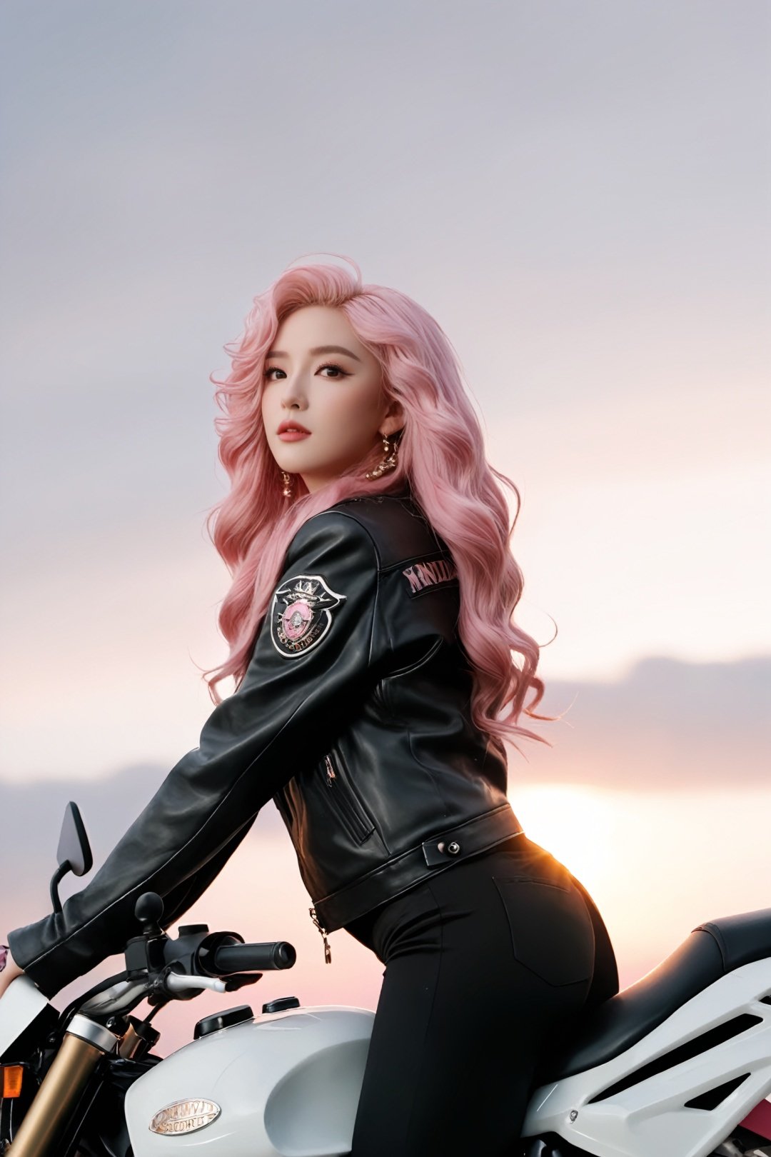  ((CINEMATIC SHOT)) DV_Pinky_Vicious has long pink curly hair on a motorbike riding on an air field into the sunset, wearing biker gear, (shot by Zack Snyder:1.2), 35mm, F/2.8, insanely detailed and intricate, character, hypermaximalist, elegant, ornate, beautiful, exotic, revealing, appealing, attractive, amative, hyper realistic, super detailed, trending on flickr
, doll, monkren