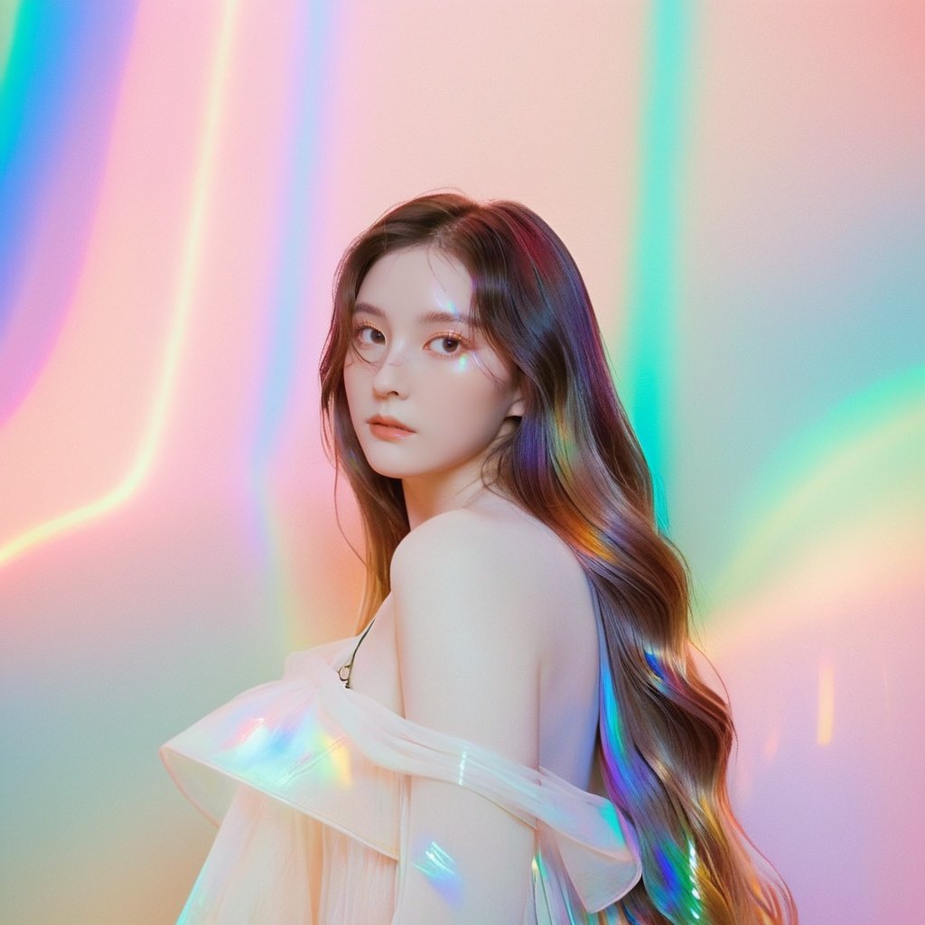  1girl, solo, long wavy hair, flowing rainbow colored holographic background, portrait, holographic, iridescent, vaporwave, fluid, niji style, realistic
, realistic, Fairy