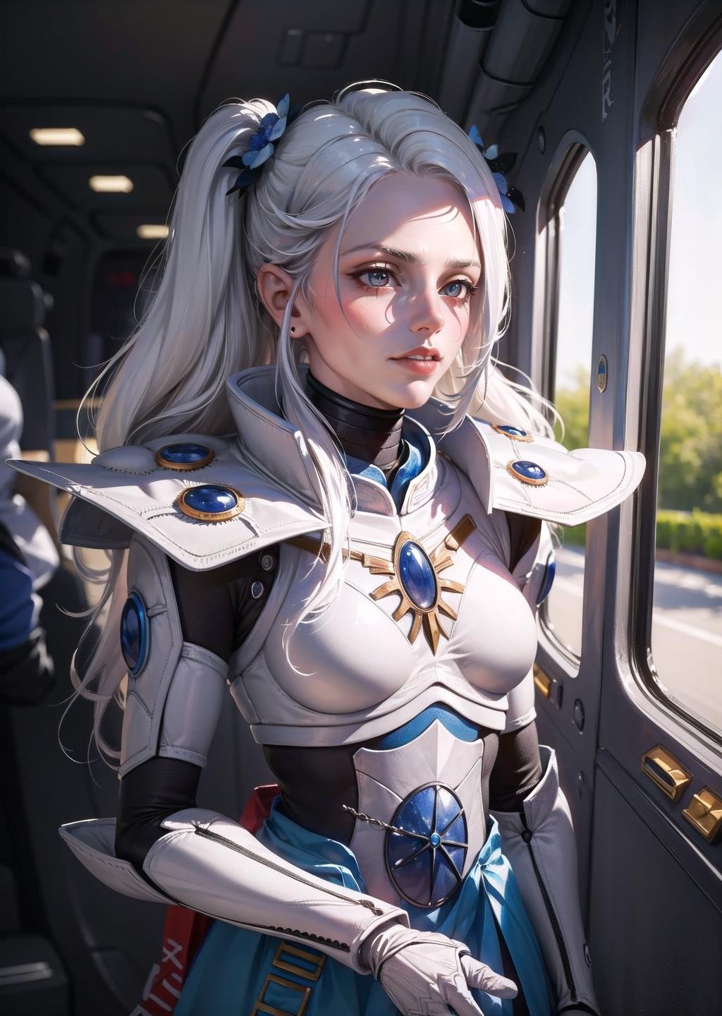 (1girl, white hair big hair two side up, panicking) (digital) (in detailed spacecraft interior, (dress flower )) , best quality, <lora:boldline:0.2>  <lora:hairdetailer:0.2>  (aeldari, armor) <lora:aeldari:1>