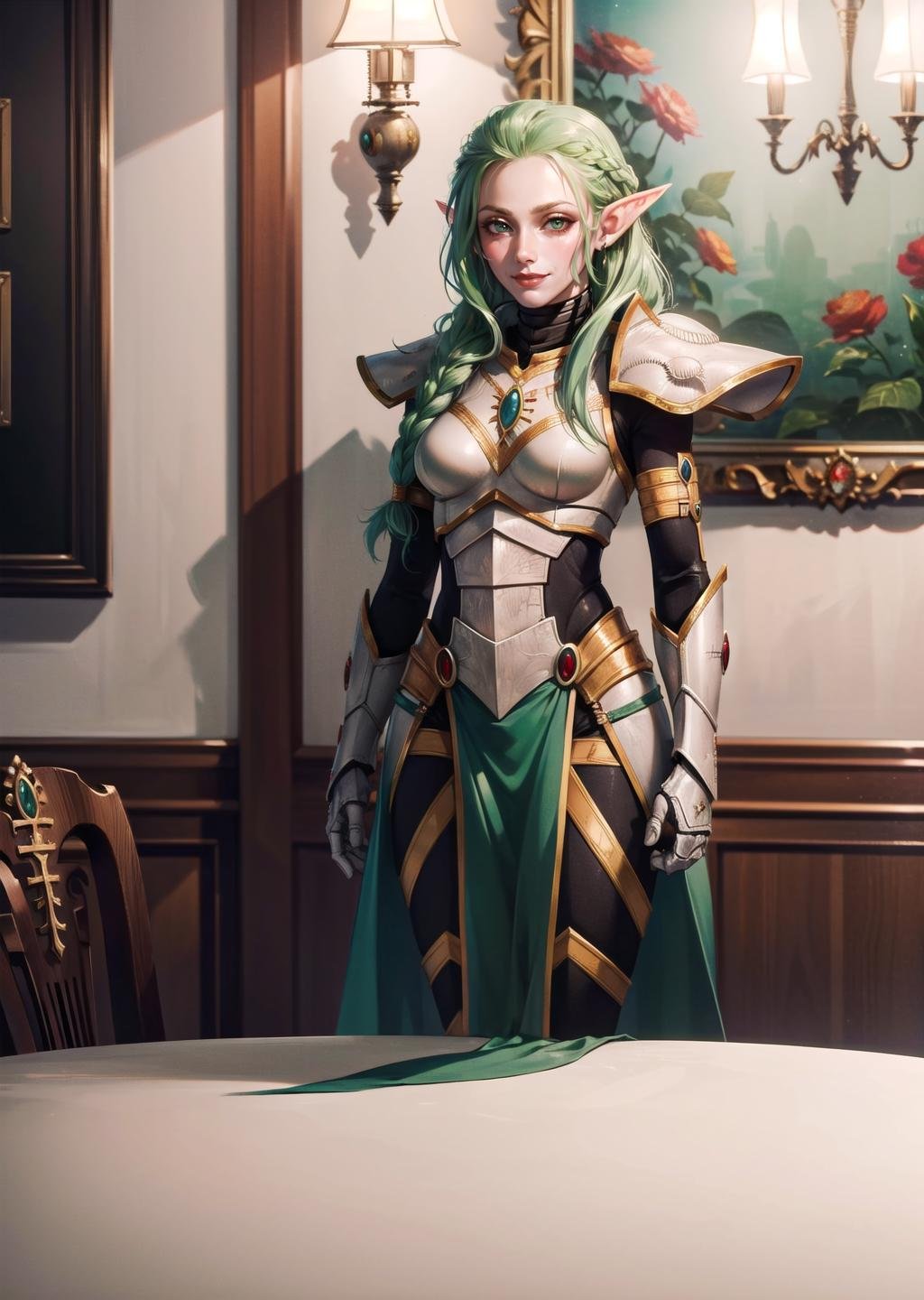 (1girl, light green hair absurdly long hair low-braided long hair, forced smile, elf ears) (digital) (in detailed dining room, (armor )) , best quality, <lora:boldline:0.2>  <lora:hairdetailer:0.2>  (aeldari, armor) <lora:aeldari:1>