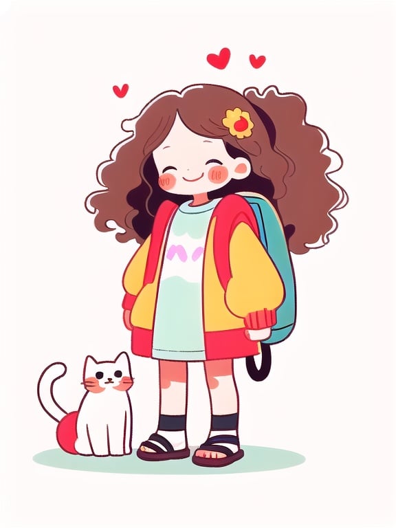 1girl, backpack, blush, blush stickers, brown footwear, cat, closed eyes, curly hair, full body, hair ornament, hand up, heart, hood, jacket, leg ribbon, long hair, long sleeves, no nose, open clothes, oversized food, ponytail, sandals, shadow, shoes, smile, socks, solo, standing, tuyagirl, white background, white bag, <lora:tuyagirl:1>