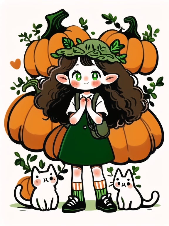 1girl, animal, bangs, blush, brown headwear, cat, dot nose, full body, green eyes, hands up, heart, leaf, long hair, own hands together, pointy ears, pumpkin, shirt, shoes, shoulder bag, smile, socks, solo, standing, tuyagirl, vines, white background, <lora:tuyagirl:1>