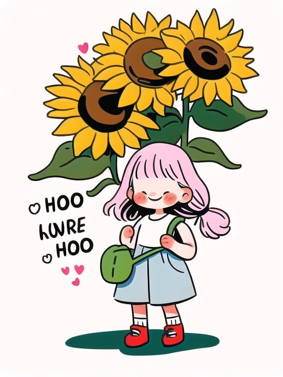 1girl, bag, bangs, blue pants, blush, child, english text, facing viewer, full body, green skirt, heart, holding, long hair, open clothes, pink hair, ponytail, red footwear, shoes, simple background, sleeveless dress, smile, socks, solo, speech bubble, standing, sunflower, tuyagirl, white background, white shirt, yellow flower <lora:tuyagirl:1>