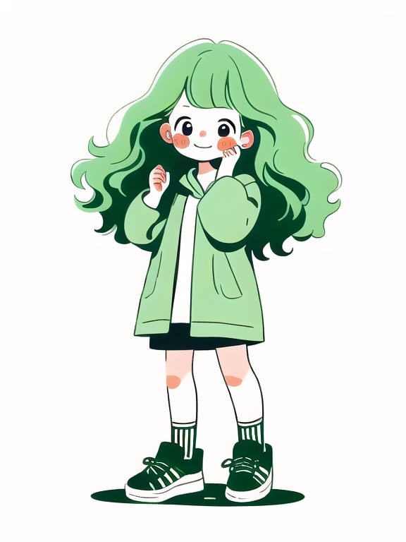 1girl, bangs, blush, blush stickers, brown hair, child, dress, earrings, expressionless, facing viewer, full body, green dress, green hair, hand on own face, hands up, hoodie, in container, jacket, limited palette, long hair, long sleeves, looking at viewer, puffy long sleeves, shadow, shirt, shoes, short sleeves, simple background, smile, socks, solo, standing, tuyagirl, white background,<lora:tuyagirl:1>