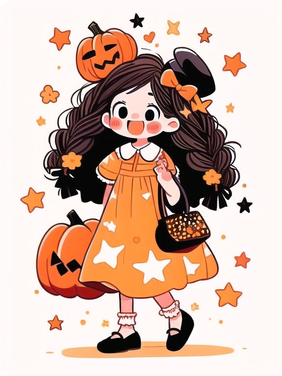 1girl, black eyes, black hair, blush, blush stickers, bow, brown hair, closed mouth, colorful, dress, flower, full body, handbag, hat, heart, long hair, looking to the side, open mouth, pumpkin, shoes, smile, socks, solo, standing, star \(symbol\), star hair ornament, tuyagirl, twin braids, white background <lora:tuyagirl:1>