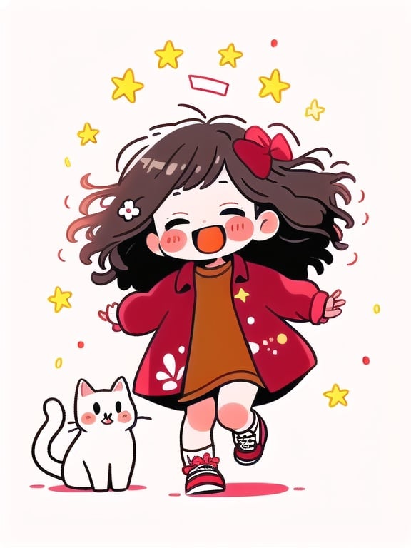 1girl, black hair, blush, blush stickers, bow, brown hair, cat, chibi, dress, facing viewer, female child, happy, jacket, leaf, long hair, long sleeves, medium hair, open coat, open mouth, print dress, red footwear, red sweater, shoes, short sleeves, sneakers, socks, solo, standing on one leg, star \(symbol\), tuyagirl, virtual youtuber, white background, white cat, white flower, yellow sweater, <lora:tuyagirl:1>