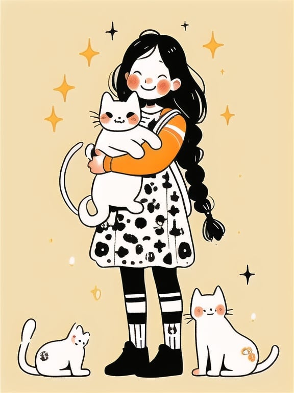 1girl, animal hug, bag, black footwear, black hair, blush, braid, cat, closed mouth, dress, floral print, limited palette, looking at viewer, pants, shoes, simple background, smile, socks, solo, sparkle, standing, striped socks, tuyagirl, <lora:tuyagirl:1>