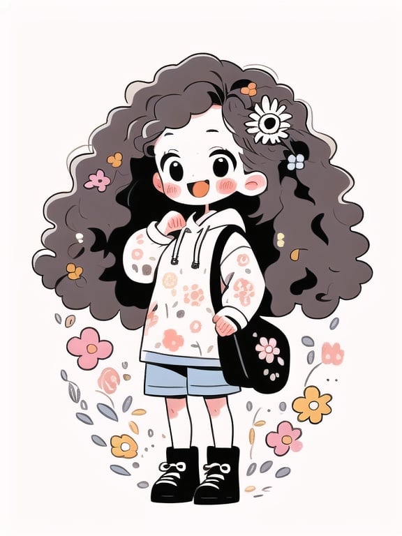 1girl, :d, bag, black eyes, black footwear, blue shorts, blush, brown hair, closed mouth, curly hair, dress, floral background, floral print, flower, full body, hair flower, hand up, hoodie, limited palette, puffy long sleeves, shorts, simple background, smile, solo, standing, tuyagirl, twintails, very long hair, wavy hair, white background, white sweater, <lora:tuyagirl:1>