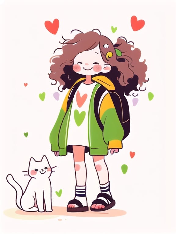 1girl, backpack, blush, blush stickers, brown footwear, cat, closed eyes, curly hair, full body, hair ornament, hand up, heart, hood, jacket, leg ribbon, long hair, long sleeves, no nose, open clothes, oversized food, ponytail, sandals, shadow, shoes, smile, socks, solo, standing, tuyagirl, white background, white bag, <lora:tuyagirl:1>