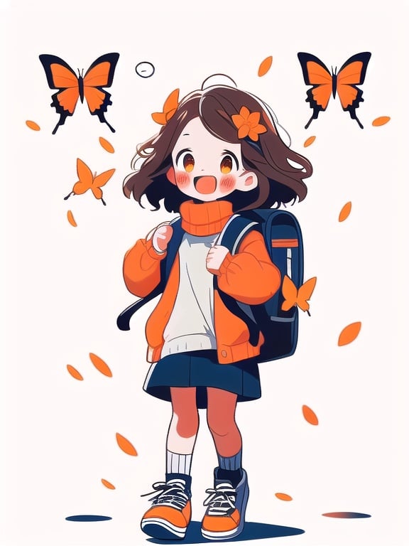 1girl, :d, backpack, blue butterfly, blush, brown hair, hair ornament, holding, jack-o'-lantern, jacket, open mouth, petals, shadow, shoes, socks, solo, spoken object, standing, turtleneck, tuyagirl, white background <lora:tuyagirl:1>