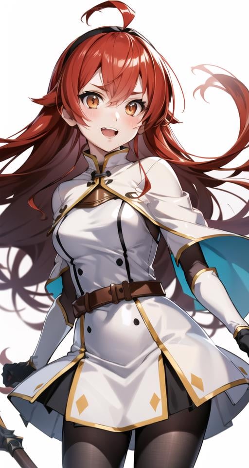 1girl, eris greyrat, long hair, solo, weapon, red hair, open mouth, gloves, hairband, red eyes, ahoge, simple background, smile, hair between eyes, very long hair, black hairband, bangs, eyebrows visible through hair, long sleeves, breasts, teeth, cowboy shot, floating hair, v-shaped eyebrows, looking away, upper teeth, orange eyes, blush, white capelet, looking to the side, sidelocks, shirt, standing, headband, white jacket, breastplate, leaning forward, belt, dress, brown eyes, shiny, shiny hair, capelet, white shirt, jacket, wide sleeves, medium breasts, v arms, contrapposto, short sleeves, white dress, looking at viewer, black headband, black legwear, round teeth, skirt, sheath, brown belt, brown hair, crossed bangs, upper body, thighs, bodysuit, head tilt, alternate costume, elbow gloves<lora:ErisGreyrat:0.8> 