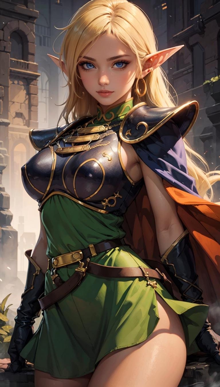 <lora:ANI_CLASSIC_deedlit_ownwaifu-15:0.8> (best quality, masterpiece, colorful, dynamic angle, highest detailed)ANI_CLASSIC_deedlit_ownwaifu, www.ownwaifu.com,pointy ears, blonde hair, long hair, elf, circlet, green eyes, long pointy ears, very long hair, breasts, medium breasts, earrings, lips, makeup, bangs,cape, armor, blue cape, shoulder armor, pauldrons, gloves, breastplate, belt, green dress, short dress,(high resolution textures), (intricate details, hyperdetailed:1.15), detailed, (official art, extreme detailed, highest detailed),