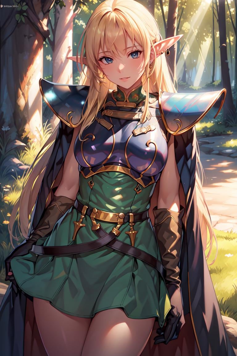 (extremely detailed fine touch:1.2), (natural light, sun light, light rays, dappled light, ray tracing:1.2), mature female , masterpiece, best quality, highly quality , ANI_CLASSIC_deedlit_ownwaifu, www.ownwaifu.com,pointy ears, blonde hair, long hair, elf, circlet, green eyes, long pointy ears, very long hair, breasts, medium breasts, earrings, lips, makeup, bangs,cape, armor, blue cape, shoulder armor, pauldrons, gloves, breastplate, belt, green dress, short dress,<lora:ANI_CLASSIC_deedlit_ownwaifu-15:0.8>, looking at viewer, blush, open mouth, standing,